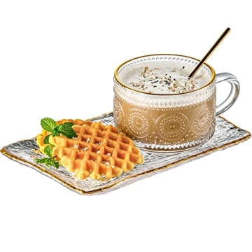Gezzeny Vintage Coffee Mugs Set, Glass Cups Set with Saucer and Spoon, Clear Embossed Tea Breakfast ...