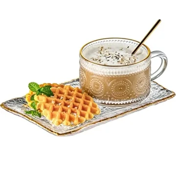 Gezzeny Vintage Coffee Mugs Set - Elegant Glass Cups with Saucer & Spoon, 14 oz