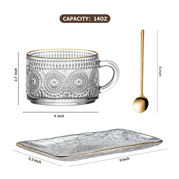 Gezzeny Vintage Coffee Mugs Set with Saucer & Spoon, 14 oz