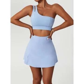 Tennis Dress for Women Athletic One Shoulder Sport Bra Sport Bra Skorts Skirts Sets High Waist Side Slipt Golf Skirts Medium Support Yoga Bra 2 Piece Workout Sets Blue Medium