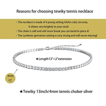 Tewiky Silver Cubic Zirconia Necklace Elegant Cz Tennis Chain