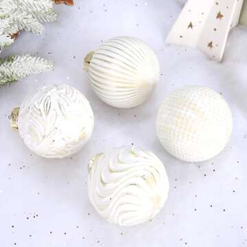 White and Gold Christmas Ornaments Set, 12 Pcs 3.15 inches Christmas Tree Decorations Large Shatterproof Vintage Neutral Farmhouse Xmas Ornaments for Christmas Tree Home Decor Indoor Outdoor