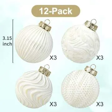 White and Gold Christmas Ornaments Set, 12 Pcs 3.15 inches Christmas Tree Decorations Large Shatterproof Vintage Neutral Farmhouse Xmas Ornaments for Christmas Tree Home Decor Indoor Outdoor