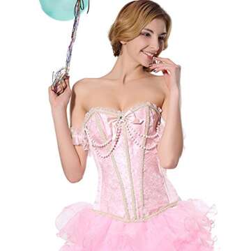 Blidece Women's Sexy Brocade OverBust Lace up Back Corset Bustier Top Pink