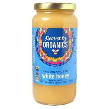 Heavenly Organics 100% Organic Raw White Honey 2 Pack - Size 22 OZ/Jar Lightly Filtered to Preserve Vitamins, Minerals and Enzymes; Made from Wild Beehives & Free Range Bees, Dairy, Nut, Gluten Free, Kosher, Chemical , Antibiotic and Glyphosate free