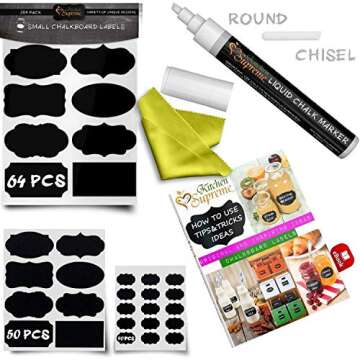 Chalkboard Labels Stickers for Storage Bins - PREMIUM 204 Sticker Bundle + Chalk Marker & Cleaning Cloth - Decorate your Bins, Container or Mason Jars in Style with Removable Tags for Kitchen & Office