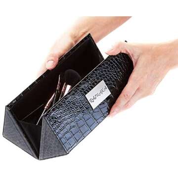 Makeup Brush Holder Box | Make Up Organizers and Storage by Ramaka Solutions | Professional Makeup Case Magnetic Closure | Faux Leather Cosmetic Organizer Decorative Boxes (9.25 X 3.25 Inches) Black