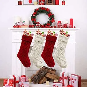 Yifanplus 4 Pack Christmas Stockings, 18 Inches Large Cable Knitted Stocking Decorations, Knit Stockings Kits Solid Color White Ivory Classic Decorations for Family Holiday Xmas Partydecor