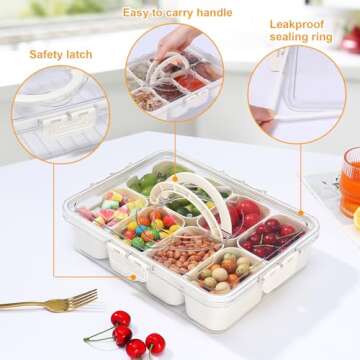 Snack Box Container，Divided Serving Tray with Lid and Handle Snackle Box Container, reusable leakproof organizing portable snacks platters clear organizer for candy fruits nuts party entertaining