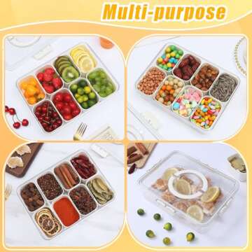Snack Box Container，Divided Serving Tray with Lid and Handle Snackle Box Container, reusable leakproof organizing portable snacks platters clear organizer for candy fruits nuts party entertaining