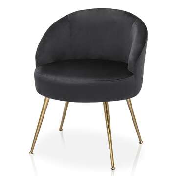 Magshion Black Vanity Chair No Wheels, Vanity Chair with Back and Metal Legs Velvet Accent Chair for Bedroom Living Room, Cute Girls Chair Makeup Chair Comfy Upholstered Chair