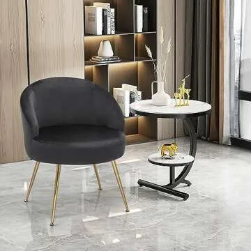 Magshion Black Vanity Chair No Wheels, Vanity Chair with Back and Metal Legs Velvet Accent Chair for Bedroom Living Room, Cute Girls Chair Makeup Chair Comfy Upholstered Chair