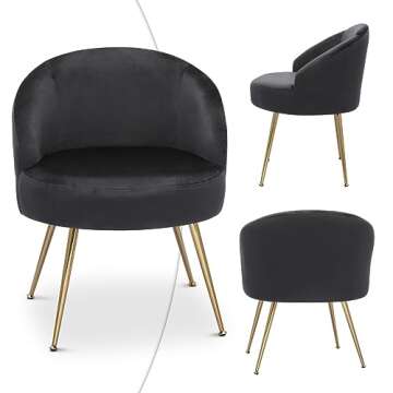 Magshion Black Vanity Chair No Wheels, Vanity Chair with Back and Metal Legs Velvet Accent Chair for Bedroom Living Room, Cute Girls Chair Makeup Chair Comfy Upholstered Chair