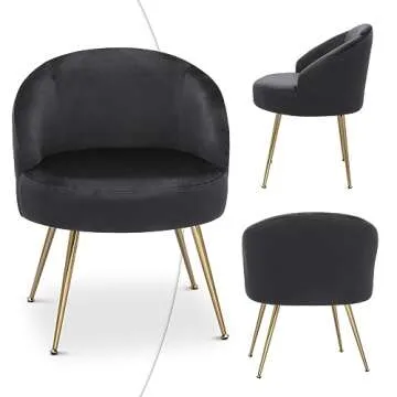 Magshion Black Vanity Chair No Wheels, Vanity Chair with Back and Metal Legs Velvet Accent Chair for Bedroom Living Room, Cute Girls Chair Makeup Chair Comfy Upholstered Chair