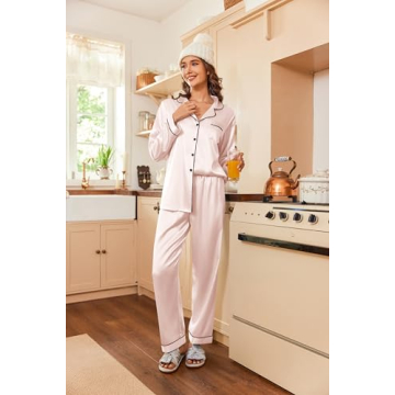 Ekouaer Women's Luxurious Satin Pajama Set in Pastel Pink