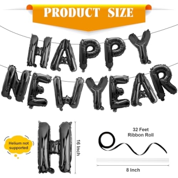Happy New Years Balloons Party Supplies - 16 Inch Black Foil Letter Happy Year Balloons, New Years E...