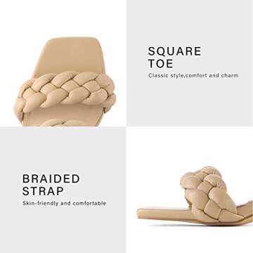 LACUONE Women's Braided Heels Square Open Toe Chunky High Heeled Sandals Double Woven Strap Slip-On Casual Shoes (9,Y-Khaki)