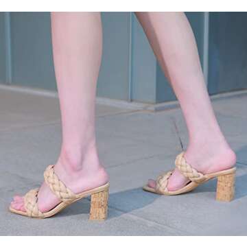 LACUONE Women's Braided Heels Square Open Toe Chunky High Heeled Sandals Double Woven Strap Slip-On Casual Shoes (9,Y-Khaki)