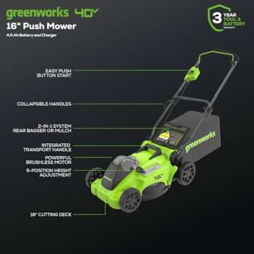 Greenworks 40V 16" Brushless Cordless Push Lawn Mower for Small to Medium Yards