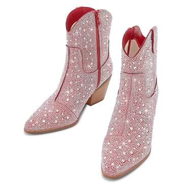 RONILURN Cowgirl Ankle Boots Cowboy Boots for Women Western Booties Rhinestone Chunky Heel Fashion C...