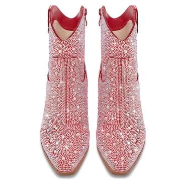 RONILURN Cowgirl Ankle Boots Cowboy Boots for Women Western Booties Rhinestone Chunky Heel Fashion Comfortable Side Zipper