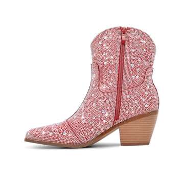 RONILURN Cowgirl Ankle Boots Cowboy Boots for Women Western Booties Rhinestone Chunky Heel Fashion Comfortable Side Zipper