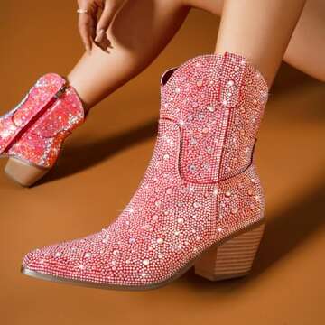 RONILURN Cowgirl Ankle Boots Cowboy Boots for Women Western Booties Rhinestone Chunky Heel Fashion Comfortable Side Zipper