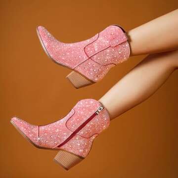 RONILURN Cowgirl Ankle Boots Cowboy Boots for Women Western Booties Rhinestone Chunky Heel Fashion Comfortable Side Zipper