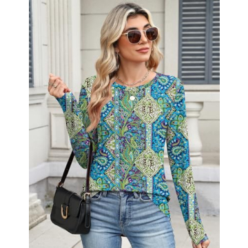 TCOT Women's Fashion 2025 Round Neck Long Sleeve Tops - Elegant Casual Blouses with Chic Paisley Pat...