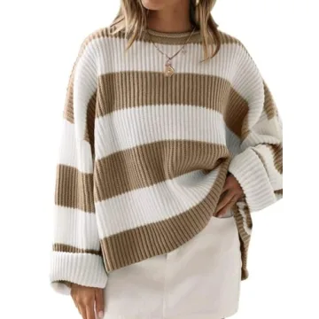 ZESICA Women's Cozy Fall Striped Oversized Knit Sweater for All Seasons