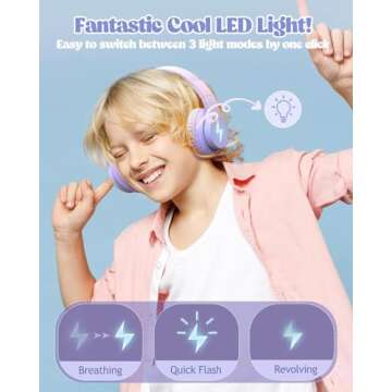 Kids Bluetooth Headphones, Colorful Wireless Over Ear Headset with LED Lights, Built-in Mic, 45H Playtime, 85dB/94dB Volume Limited Headphones for Boys Girls iPad Tablet School Airplane Pink Purple