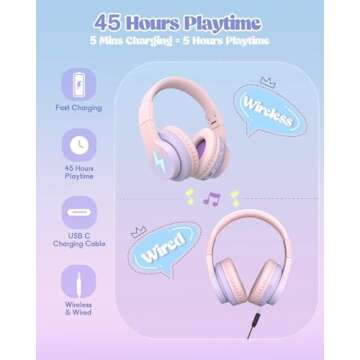 Kids Bluetooth Headphones, Colorful Wireless Over Ear Headset with LED Lights, Built-in Mic, 45H Playtime, 85dB/94dB Volume Limited Headphones for Boys Girls iPad Tablet School Airplane Pink Purple