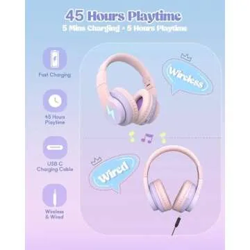 Kids Bluetooth Headphones, Colorful Wireless Over Ear Headset with LED Lights, Built-in Mic, 45H Playtime, 85dB/94dB Volume Limited Headphones for Boys Girls iPad Tablet School Airplane Pink Purple