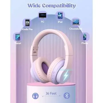Kids Bluetooth Headphones, Colorful Wireless Over Ear Headset with LED Lights, Built-in Mic, 45H Playtime, 85dB/94dB Volume Limited Headphones for Boys Girls iPad Tablet School Airplane Pink Purple