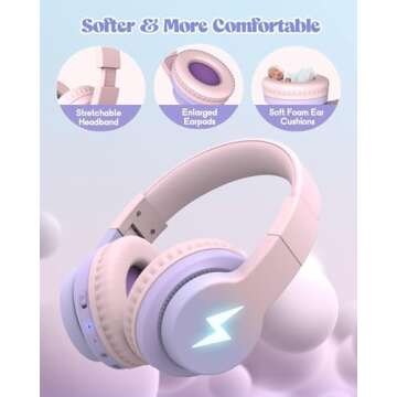 Kids Bluetooth Headphones, Colorful Wireless Over Ear Headset with LED Lights, Built-in Mic, 45H Playtime, 85dB/94dB Volume Limited Headphones for Boys Girls iPad Tablet School Airplane Pink Purple