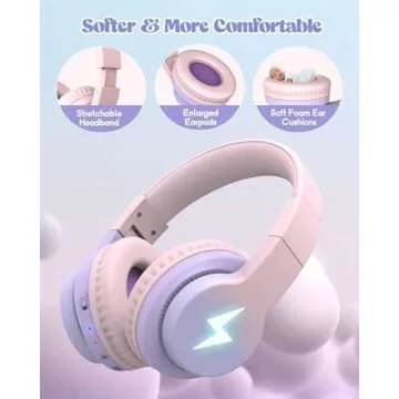 Kids Bluetooth Headphones, Colorful Wireless Over Ear Headset with LED Lights, Built-in Mic, 45H Playtime, 85dB/94dB Volume Limited Headphones for Boys Girls iPad Tablet School Airplane Pink Purple