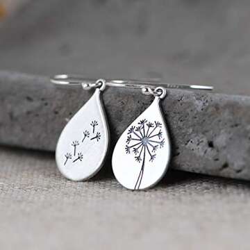 LOVECOM 925 Sterling Silver Dandelion Drop Earrings for Women Water Drop Silver Flower Mountain Tree...