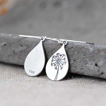 LOVECOM 925 Sterling Silver Dandelion Drop Earrings for Women Water Drop Silver Flower Mountain Tree Heart Dangle Earrings Jewelry Birthday Gifts for Her Lover Daughter