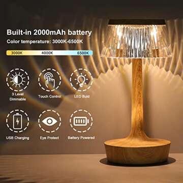 TitiGeeli LED Cordless Table Lamp with Touch Sensor, Rechargeable 2000mAh Battery Powered Dimmable P...