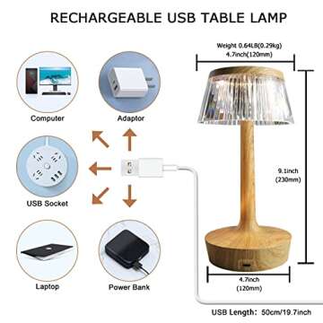 TitiGeeli LED Cordless Table Lamp with Touch Sensor, Rechargeable 2000mAh Battery Powered Dimmable Portable Light, Acrylic Night Stand Lighting for Bedroom Kids Nursery Living Room