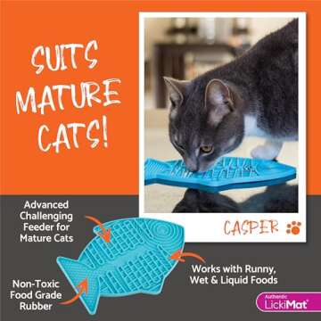 LickiMat Casper, Fish-Shaped Cat Slow Feeders Lick Mat, Boredom Anxiety Reducer; Perfect for Food, Treats, Yogurt, or Peanut Butter. Fun Alternative to a Slow Feed Cat Bowl or Dish, Turquoise
