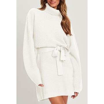 Pink Queen Women's 2024 Fashion Sweater Dress - Warm Knit Turtleneck Casual Mini Dress