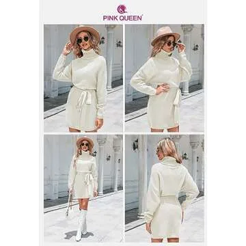 Pink Queen Women's 2024 Turtleneck Knit Mini Dress