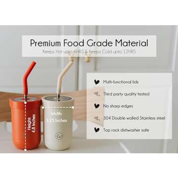 Double walled Insulated Smoothie cups for kids | Toddler Cups with Straws | Set of 2 Straw Sippy Cup | Stainless steel baby cup with Thermos Lid for Hot Storage | Kids Straw Cups