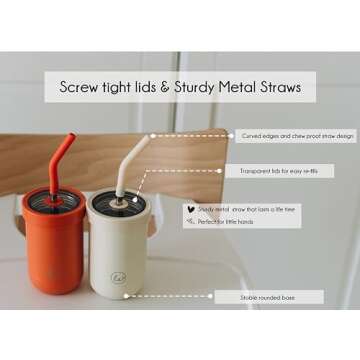 Double walled Insulated Smoothie cups for kids | Toddler Cups with Straws | Set of 2 Straw Sippy Cup | Stainless steel baby cup with Thermos Lid for Hot Storage | Kids Straw Cups