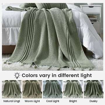 Cozy Bliss Knit Throw Blanket for Couch, Bed - Soft Cozy Throws with Hand-Made Tassels, Honeycomb Texture, Farmhouse Boho Home Decoration, Gift for Girls Women Family, 50x60 inches, Sage Green