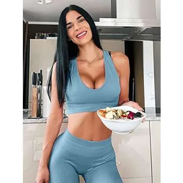 LNSK Women 2 Piece Workout Set Seamless Super Soft Ribbed Deep V Neck Bra Gym Shorts Sports Suit Yoga Outfits Blue