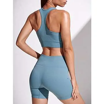 LNSK Women 2 Piece Workout Set Seamless Super Soft Ribbed Deep V Neck Bra Gym Shorts Sports Suit Yoga Outfits Blue