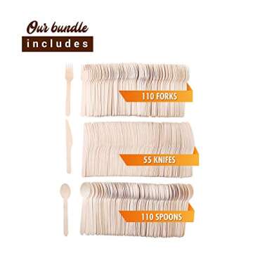 Biodegradable Disposable Wooden Cutlery Utensils – (Pack of 275) 110 Forks 55 Knives 110 Spoons 5.5-inch Set Eco-Friendly Compostable and Disposable Silverware Kit Party Supplies Events