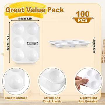 Thenshop 100 Pcs White Plastic Paint Palette 6 Well Watercolor Palette Rectangular Paint Tray Palett...